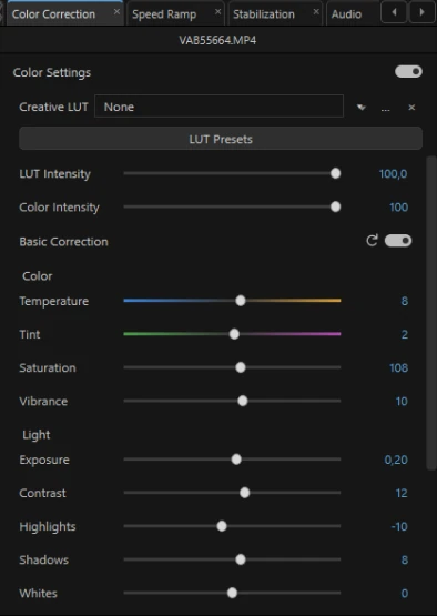Color controls and LUT settings