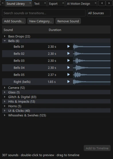 Built-in sound library for shaping the soundtrack