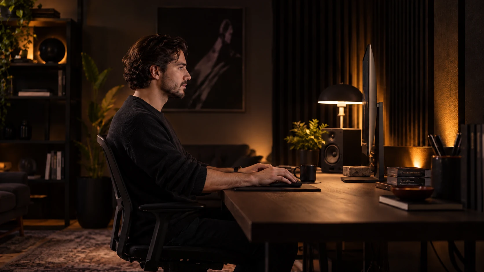 Illustrative studio scene with an editor working at a monitor